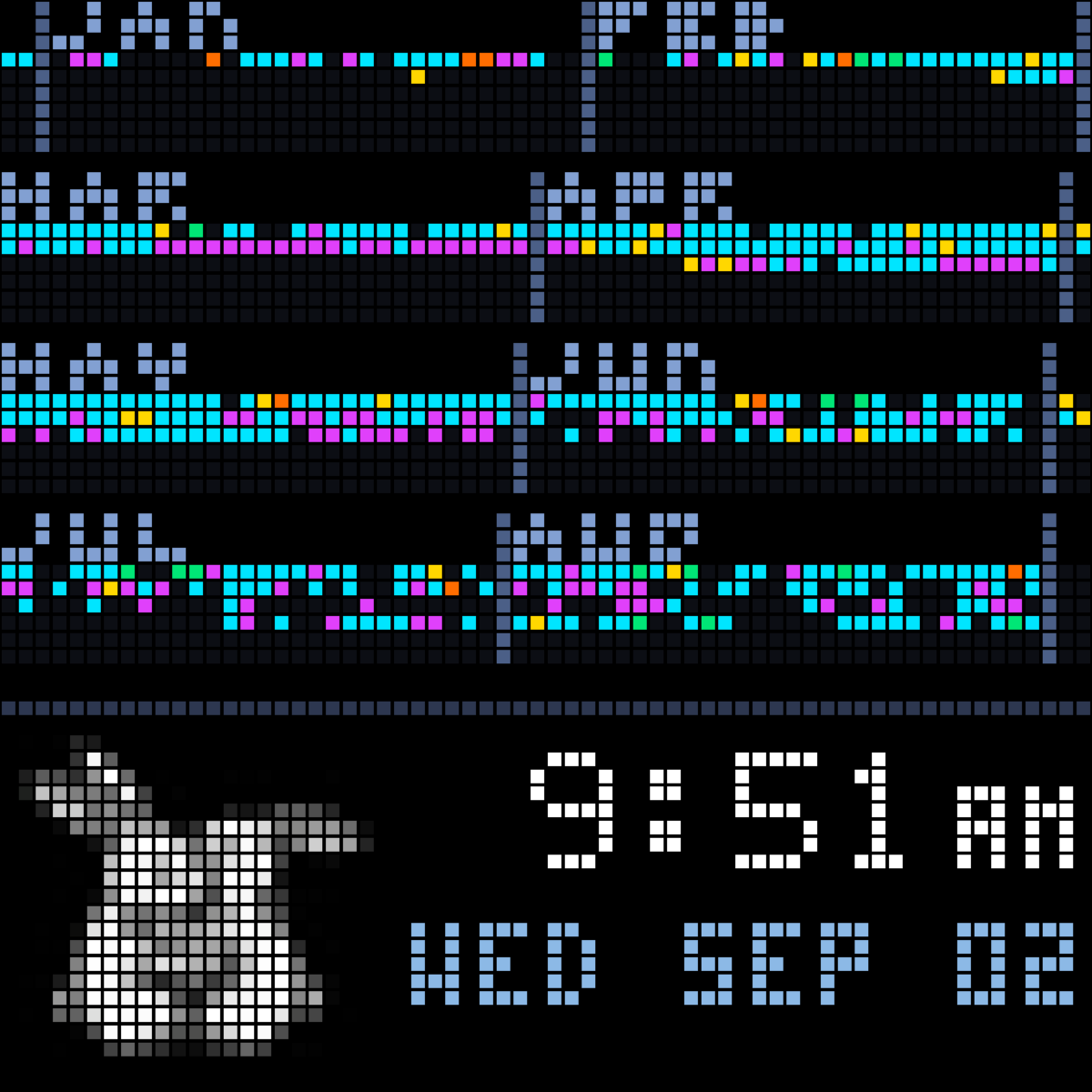 Pixoo display showing a calendar heatmap of player activity across Bunnyhug Studios games