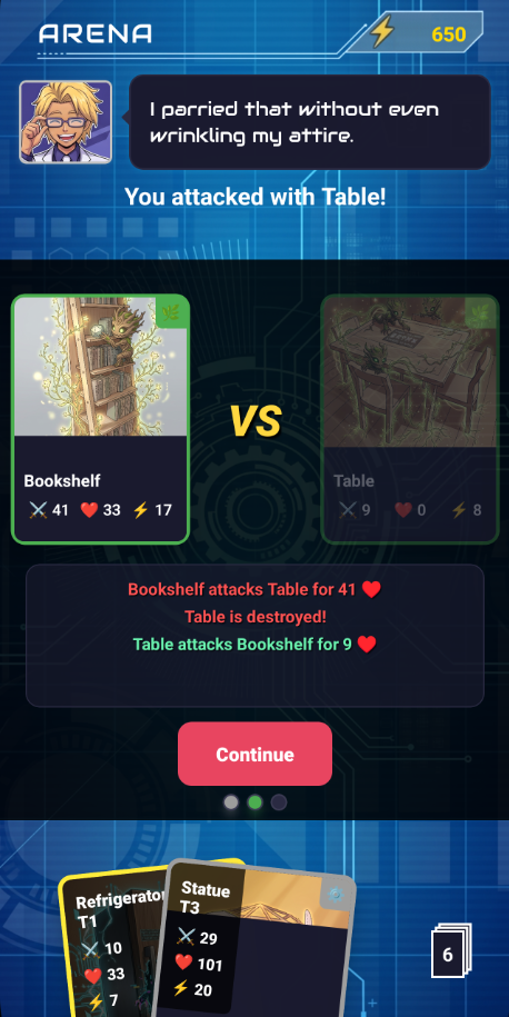 Arena combat screen with card versus interface