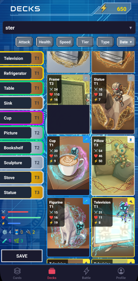 Deck editor screen showing list of card items