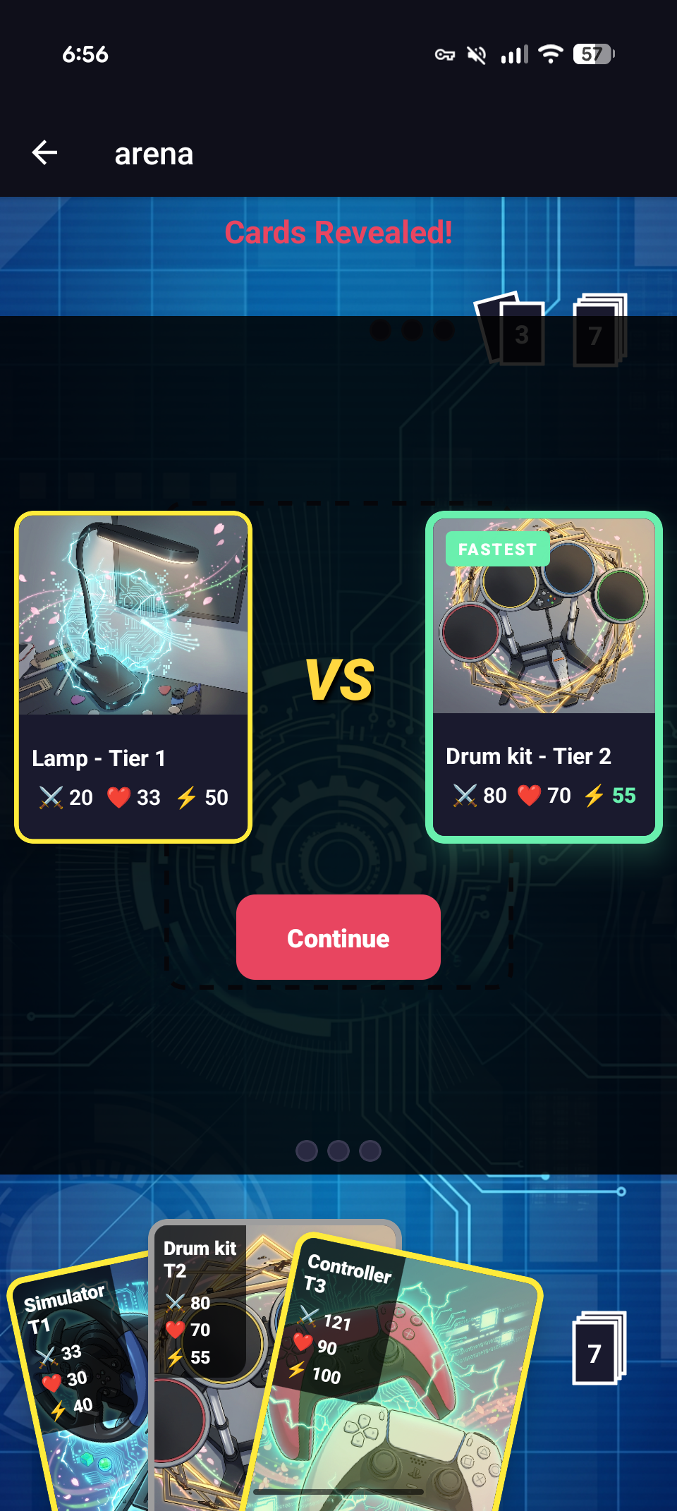 Arena clash — Lamp T1 vs Drum Kit T2 in the blind-pick reveal